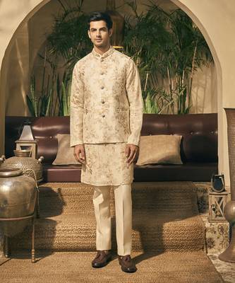 Beige embroidery cotton silk kurta jacket set 2