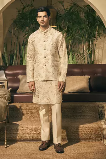 Beige embroidery cotton silk kurta jacket set