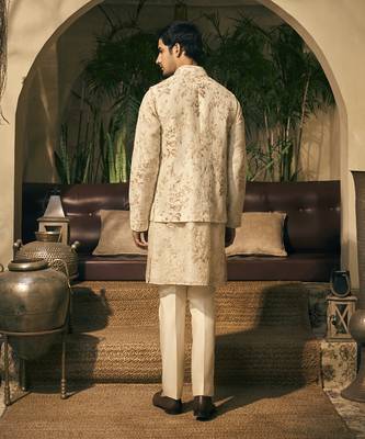 Beige embroidery cotton silk kurta jacket set 3