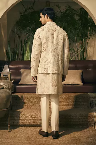 Beige embroidery cotton silk kurta jacket set
