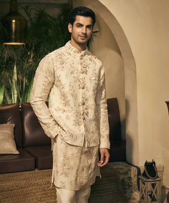 Beige embroidery cotton silk kurta jacket set 4