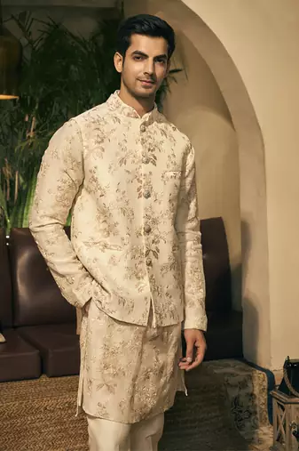Beige embroidery cotton silk kurta jacket set