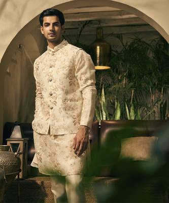 Beige embroidery cotton silk kurta jacket set 5