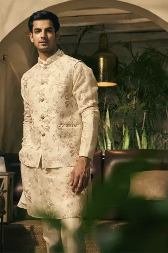 Beige embroidery cotton silk kurta jacket set