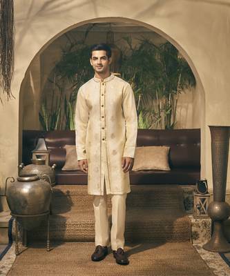 Beige golden zari tissue kurta pajama 1