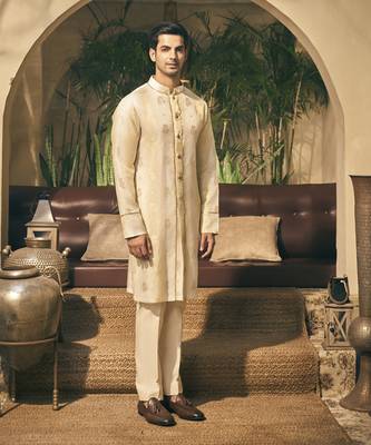 Beige golden zari tissue kurta pajama 2