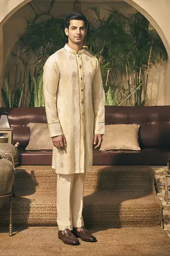 Beige golden zari tissue kurta pajama