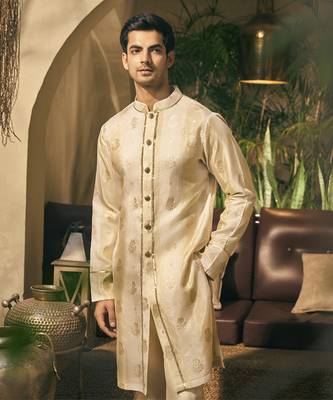Beige golden zari tissue kurta pajama 3