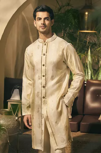 Beige golden zari tissue kurta pajama