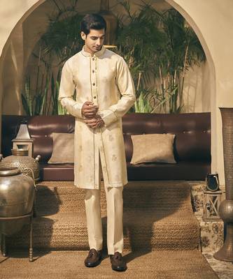 Beige golden zari tissue kurta pajama 4