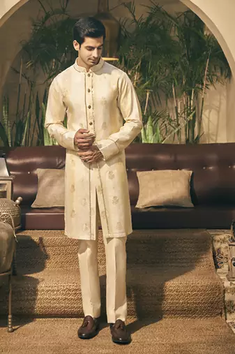 Beige golden zari tissue kurta pajama