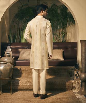 Beige golden zari tissue kurta pajama 5