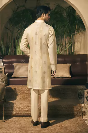 Beige golden zari tissue kurta pajama