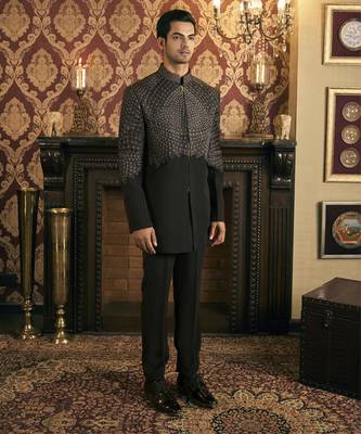 Black embroidery rayon bandhgala suit 1