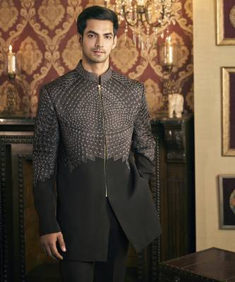 Black embroidery rayon bandhgala suit 2