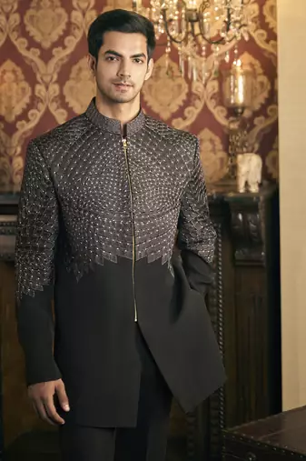 Black embroidery rayon bandhgala suit