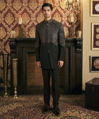 Black embroidery rayon bandhgala suit 3