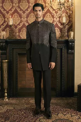 Black embroidery rayon bandhgala suit
