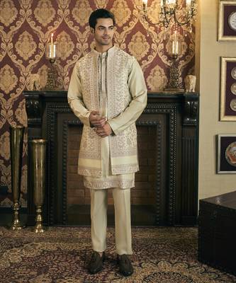 Green aari embroidery work cotton silk kurta jacket set 1