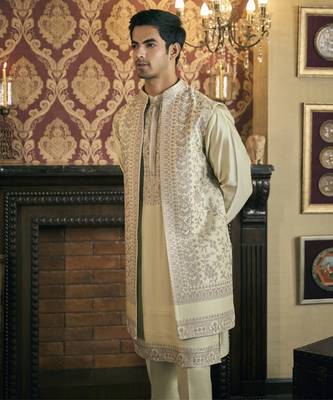 Green aari embroidery work cotton silk kurta jacket set 2