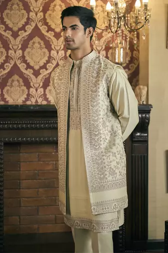 Green aari embroidery work cotton silk kurta jacket set