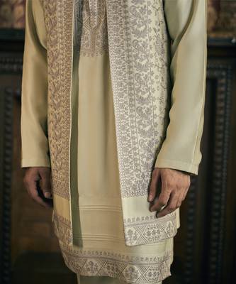 Green aari embroidery work cotton silk kurta jacket set 3