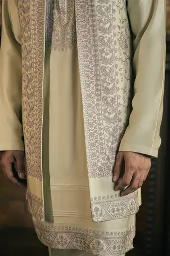 Green aari embroidery work cotton silk kurta jacket set