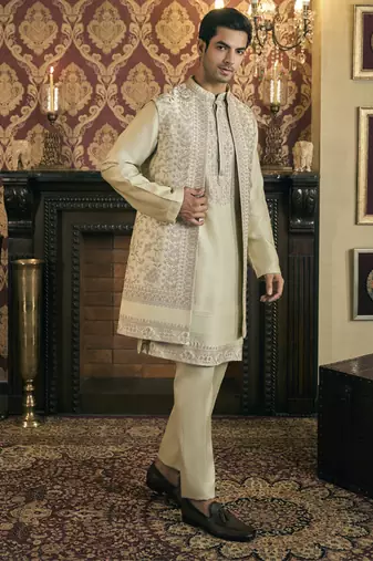 Green aari embroidery work cotton silk kurta jacket set