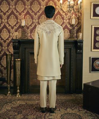 Green aari embroidery work cotton silk kurta jacket set 5
