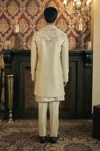 Green aari embroidery work cotton silk kurta jacket set