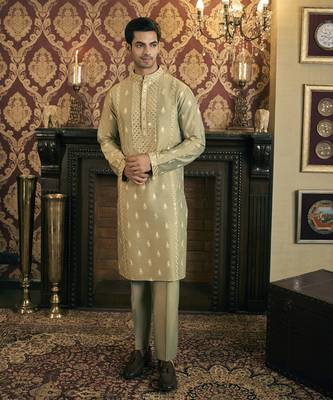 Green mirror work and embroidery cotton silk kurta pajama 1