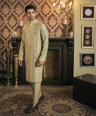 Green mirror work and embroidery cotton silk kurta pajama 2