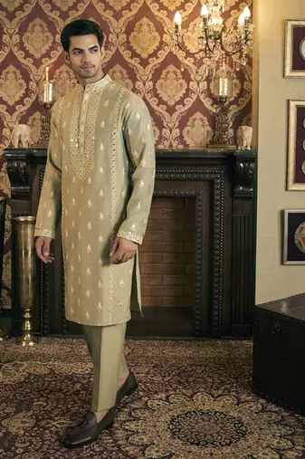 Green mirror work and embroidery cotton silk kurta pajama