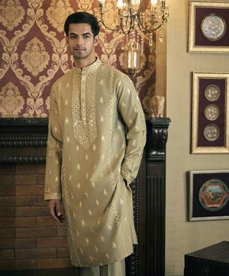 Green mirror work and embroidery cotton silk kurta pajama 3