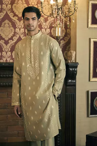 Green mirror work and embroidery cotton silk kurta pajama