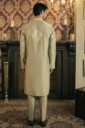 Green mirror work and embroidery cotton silk kurta pajama