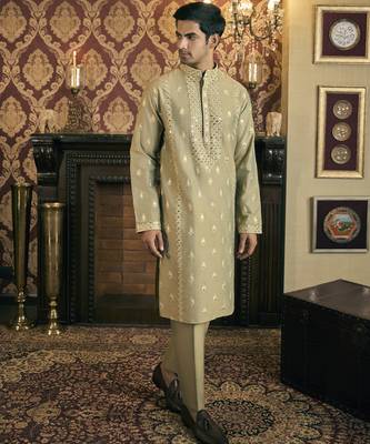 Green mirror work and embroidery cotton silk kurta pajama 5