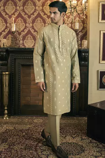 Green mirror work and embroidery cotton silk kurta pajama