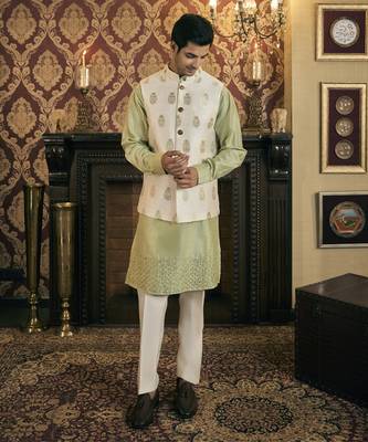 Green embroidery pure raw silk kurta jacket set 1
