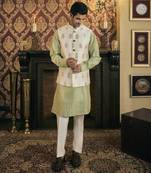 Green embroidery pure raw silk kurta jacket set