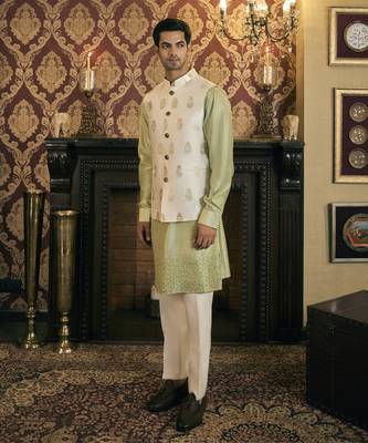 Green embroidery pure raw silk kurta jacket set 2