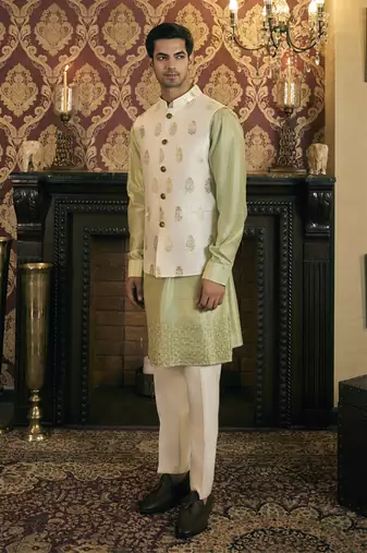 Green embroidery pure raw silk kurta jacket set