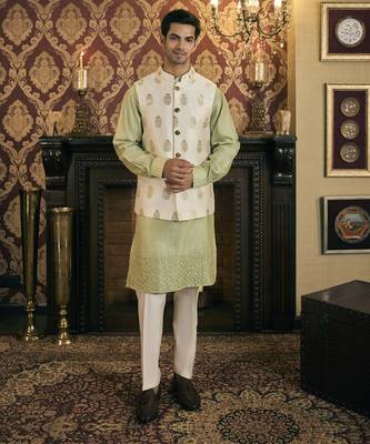 Green embroidery pure raw silk kurta jacket set 3