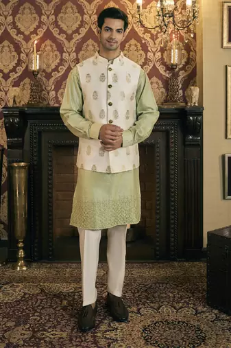 Green embroidery pure raw silk kurta jacket set