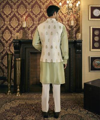 Green embroidery pure raw silk kurta jacket set 4