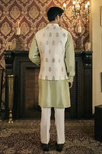 Green embroidery pure raw silk kurta jacket set