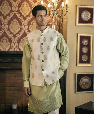 Green embroidery pure raw silk kurta jacket set 5