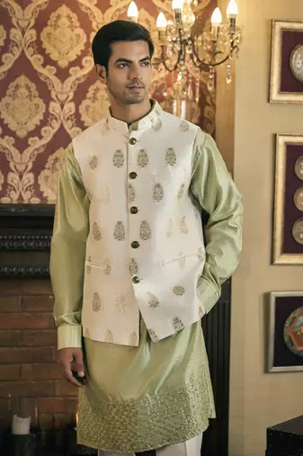 Green embroidery pure raw silk kurta jacket set