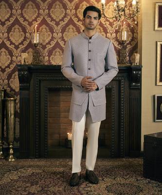 Grey embroidery georgette bandhgala suit 1