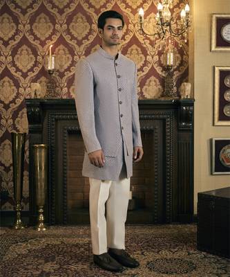 Grey embroidery georgette bandhgala suit 2